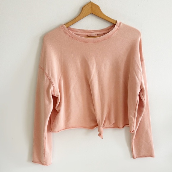 Aerie peachy pink long sleeve cropped tie front pullover knit top size Medium - Picture 1 of 6